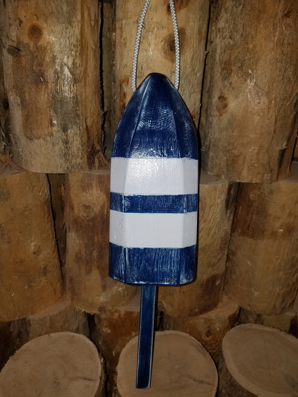 Wooden Lobster Buoy - 21" - Blue White Stripes - Personalized
