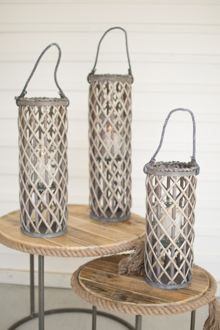 Set of Three Grey Willow Lanterns with Glass