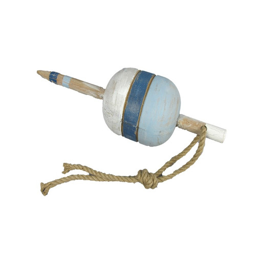 Wooden Buoy with Rope - Antique - 24" - White and Blue