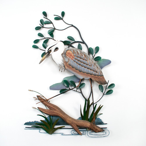 (CW275X)
30.5"  "Left Facing Blue Heron" Hand-Carved Wood and Metal Wall Sculpture