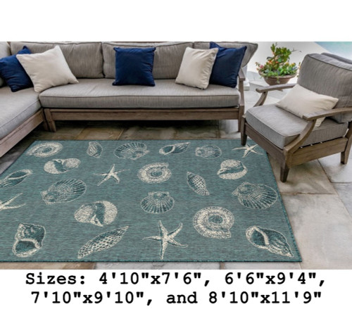 Teal Carmel Shells Indoor/Outdoor Rug -  Rectangle Lifestyle