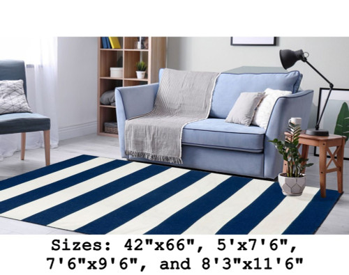 Navy Sorrento Rugby Stripe Indoor/Outdoor Rug - Large Rectangle Lifestyle