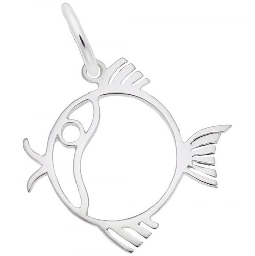 Flat Round Fish Charm - Sterling Silver and 14k White Gold