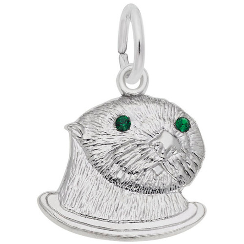 Sea Otter Charm with Green Stone Accents -Sterling Silver and 14k White Gold - Optional Engraving