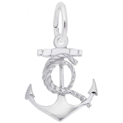 Ship Anchor with Rope Charm - Sterling Silver and 14k White Gold