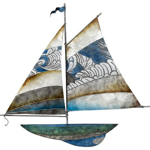 Sailboat with Waves Sail Wall Art - 22" x 22" - Metal & Capiz Art - Front