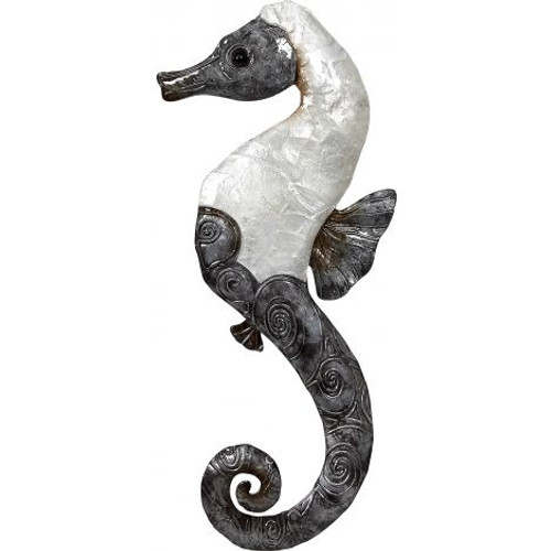 White Elegance Seahorse Wall Art - 7" x 16" - Metal & Capiz Art - Front