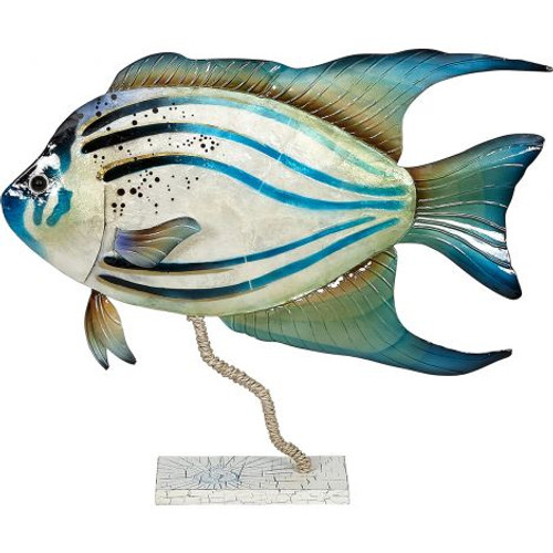 Large Tropical Fish on Stand - Blue Green - 17" x 14" - Metal & Capiz Art - Front