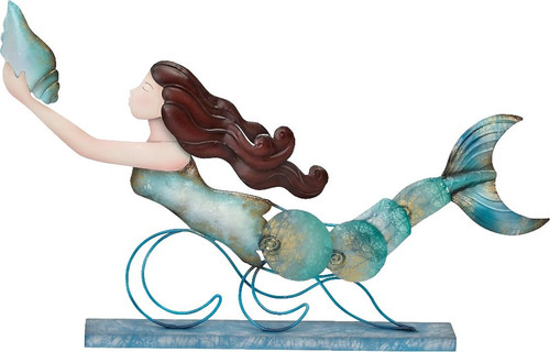 Mermaid on Stand - Seafoam - 18" x 12" - Metal & Capiz Art - Front