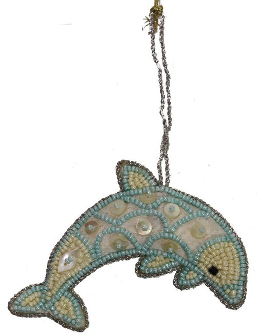 Dolphin Mother of Pearl & Beads Ornament - Cream and Blue