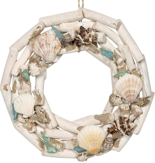 White Driftwood & Sea Glass Wreath - 10"