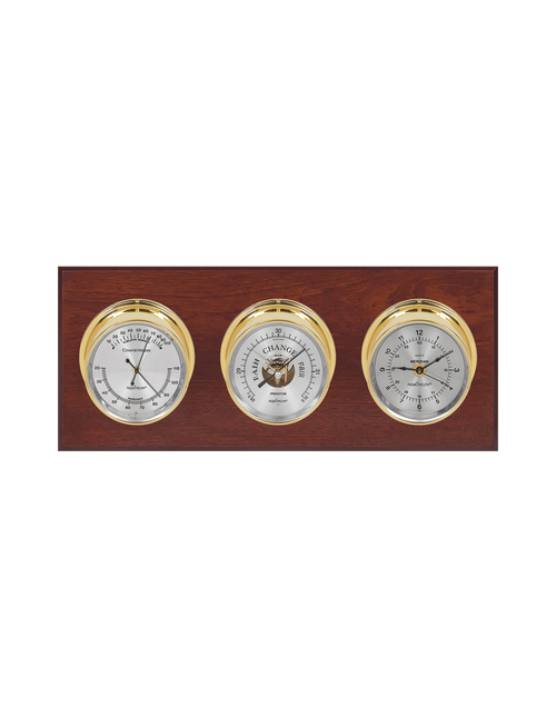 Executive Thermometer, Humidity Reader, Barometer, and Clock Weather Station - 3 Instruments - Polished Brass Cases - Mahogany - Silver Face
