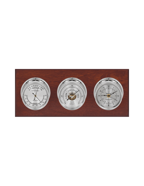 Executive Thermometer, Humidity Reader, Barometer, and Clock Weather Station - 3 Instruments - Polished Chrome Cases  - Mahogany - Silver Face