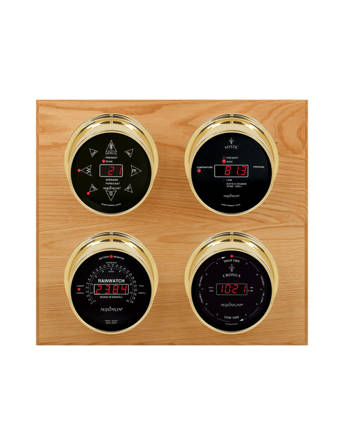 Marconi LED Wind, Thermometer, Barometer, Rainfall, and Time and Tide Weather Station - 4 Instruments - PVD Brass - Oak