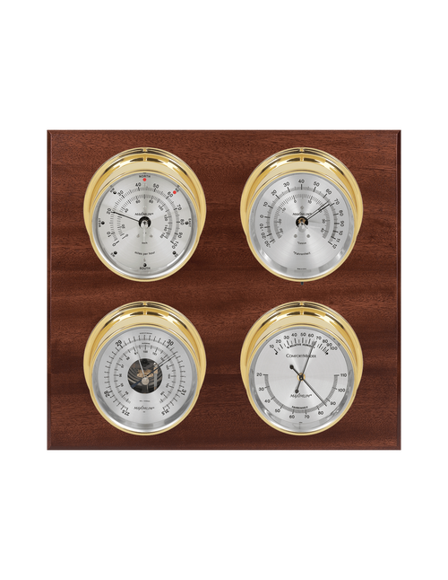 Observer Wind, Thermometer, Barometer, and Humidity Weather Station - 4 Instruments - Polished Brass Cases - Mahogany - Silver Face - Reads 0-100 mph