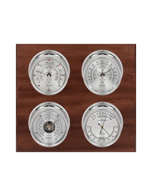Observer Wind, Thermometer, Barometer, and Humidity Weather Station - 4 Instruments - Polished Chrome Cases - Mahogany - Silver Face - Reads 0-100 mph