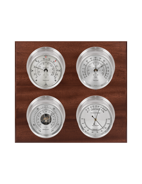 Observer Wind, Thermometer, Barometer, and Humidity Weather Station - 4 Instruments - Satin Nickel Cases - Mahogany - Silver Face - Reads 0-100 mph