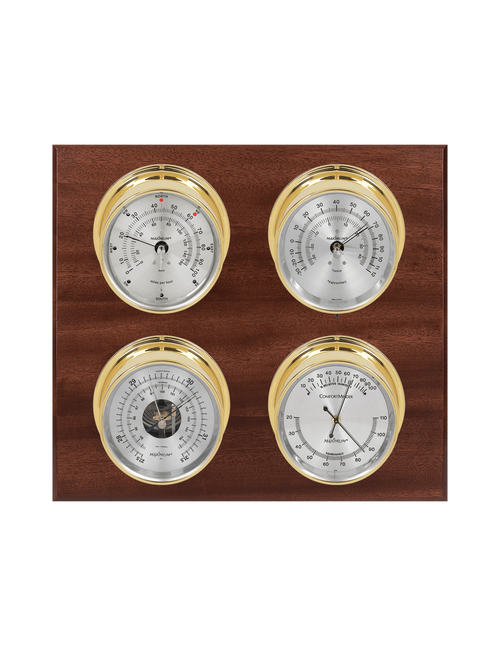 Observer Wind, Thermometer, Barometer, and Humidity Weather Station - 4 Instruments - PVD Brass Cases - Mahogany - Silver Face - Reads 0-100 mph