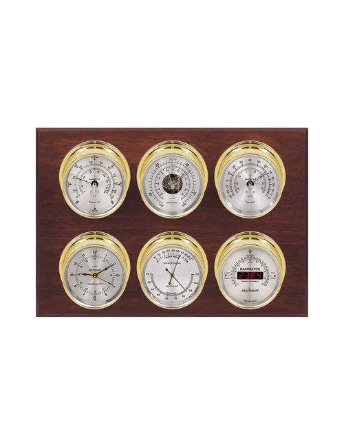 Weathermaster Wind, Thermometer, Barometer, Humidity, Rainfall, and Time Weather Station - 6 Instruments - Polished Brass Cases - Mahogany - Silver Face -  Reads 0-100 mph