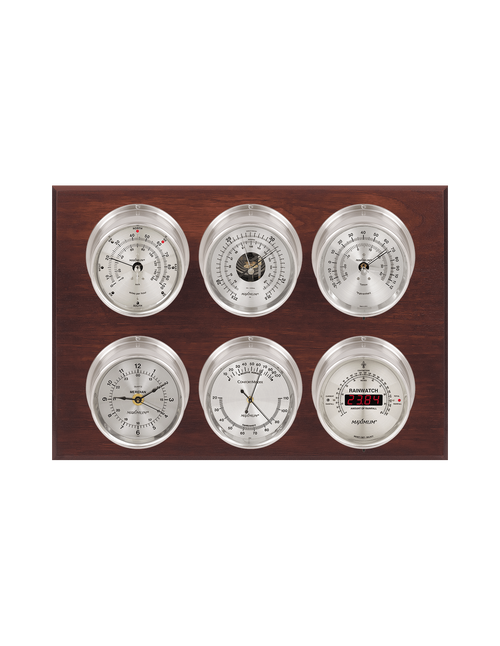 Weathermaster Wind, Thermometer, Barometer, Humidity, Rainfall, and Time Weather Station - 6 Instruments - Satin Nickel Cases - Mahogany - Silver Face -  Reads 0-100 mph