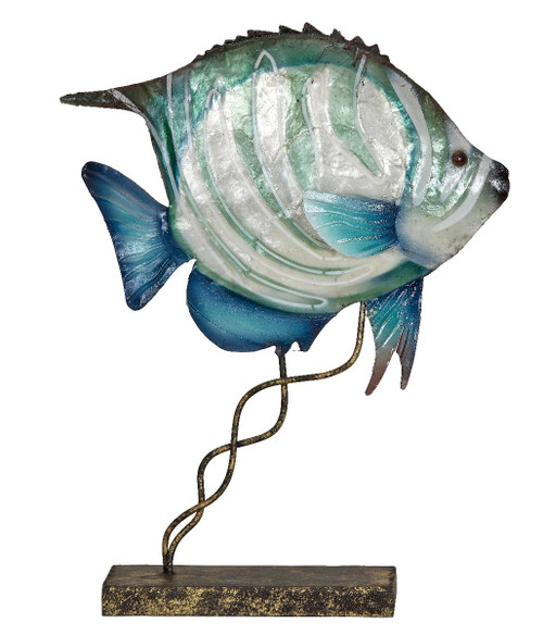 Small Striped Bannerfish on Stand - 10"x 8" - Metal & Capiz Art 