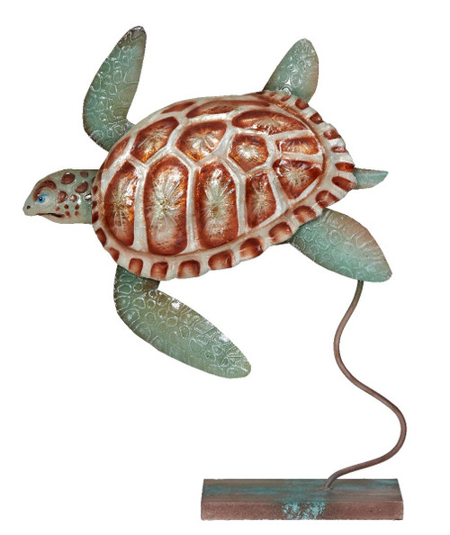  Loggerhead Turtle on Stand - 14" x 10" - Metal & Capiz Art 