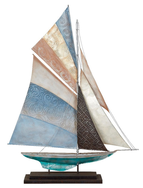 Back of Battened Sails Boat on Stand - 25" x 19" - Metal & Capiz Art 