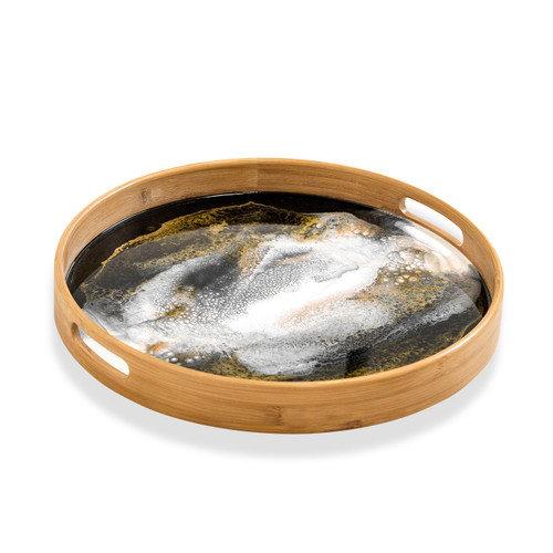 Bamboo Serving Tray - Round - Black|White|Gold (BAM-16RT-BWG)