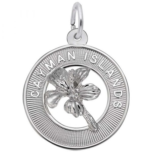 Cayman Islands Hibiscus Circle Silver Charm - Sterling Silver and 14k White Gold
