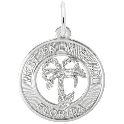 West Palm Beach Florida Palm Tree Circle Silver Charm - Sterling Silver and 14k White Gold