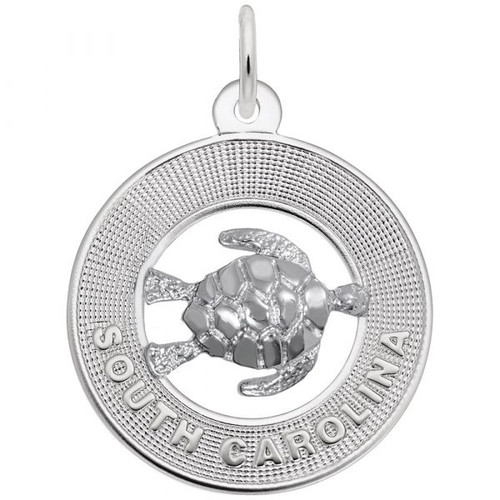 South Carolina Turtle Circle Silver Charm - Sterling Silver and 14k White Gold