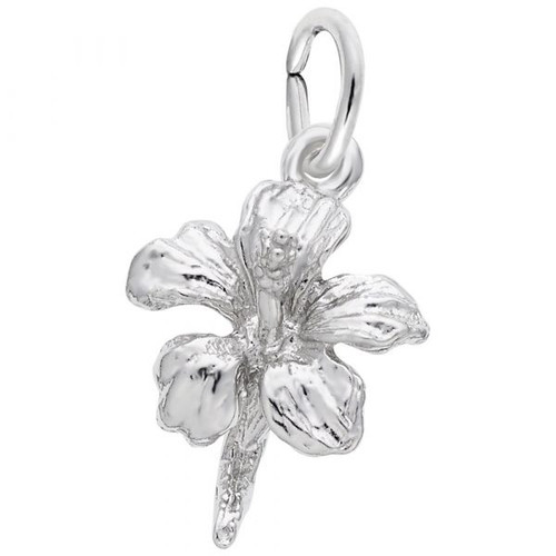 Hibiscus Flower Accent Silver Charm - Sterling Silver and 14k White Gold