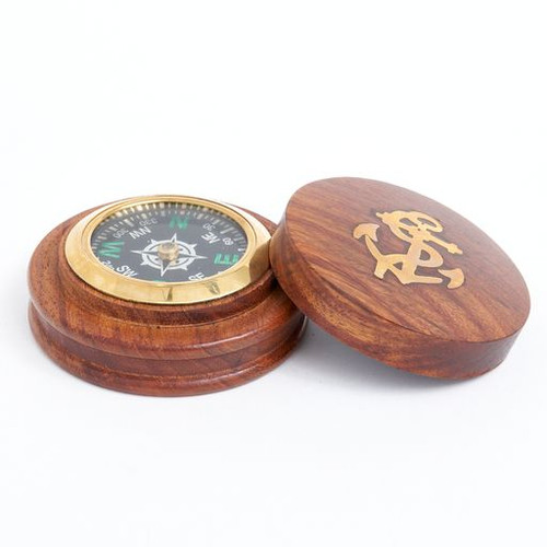  Brass Compass w/Wood Base and Inlaid Wood Box