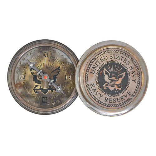 Compass w/ US Navy Engraving on Lid, Antiqued Brass