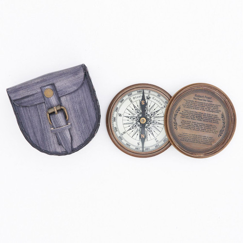 Compass w/Lid & Leather Case - Antiqued Brass