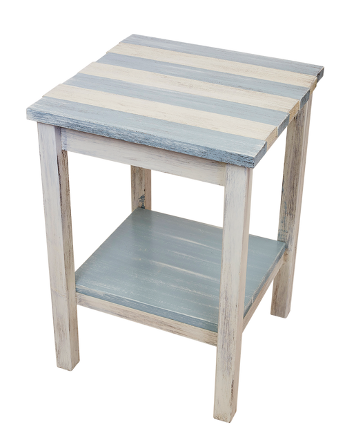 Wood End Table with Seaside Villa Striped Deckboard Top and Bottom Shelf