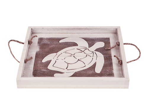 Warm Weathered Wooden Serving Tray with Etched Turtle and Rope Accent - 20"