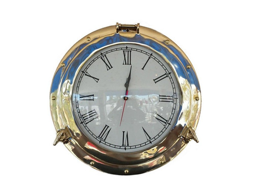 13.75 Polished Brass Quartz Porthole Clock