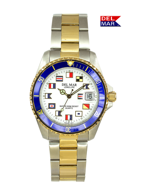 Men's Long Life Nautical Two-Tone White Blue Bezel Watch