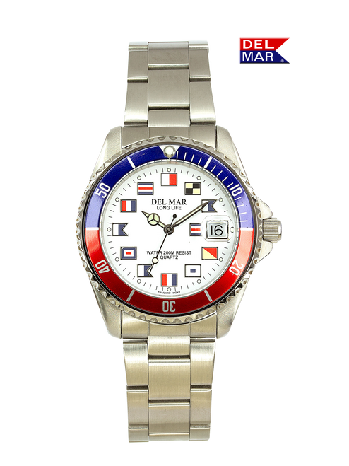 Men's Long Life Nautical Blue & Red Bezel, SS Band Watch