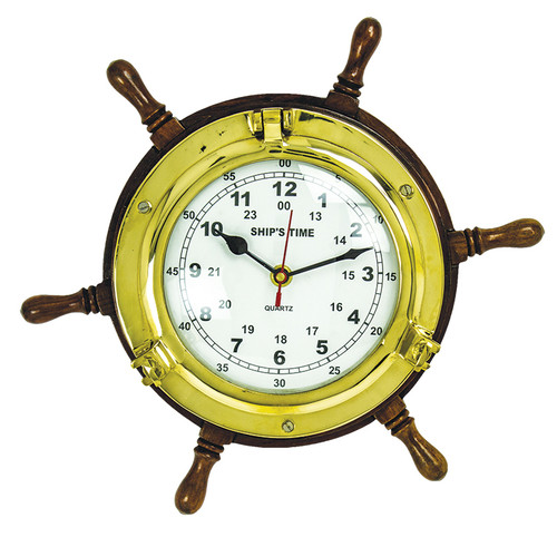 Brass Porthole Clock on Ship's Wheel-  13.5"