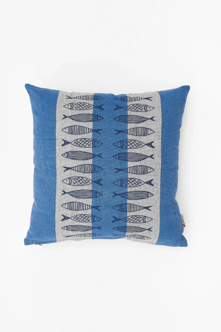 Striped w/Fish Sq. Pillow w/ Zipper - Poly Insert - Cotton - Blue/Gray - 17.7"
