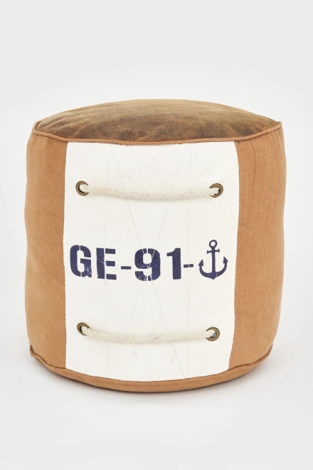Pouffe Ge-91 w/ Rope Handles - Brns/Cream - Cotton/Leather - 17"
