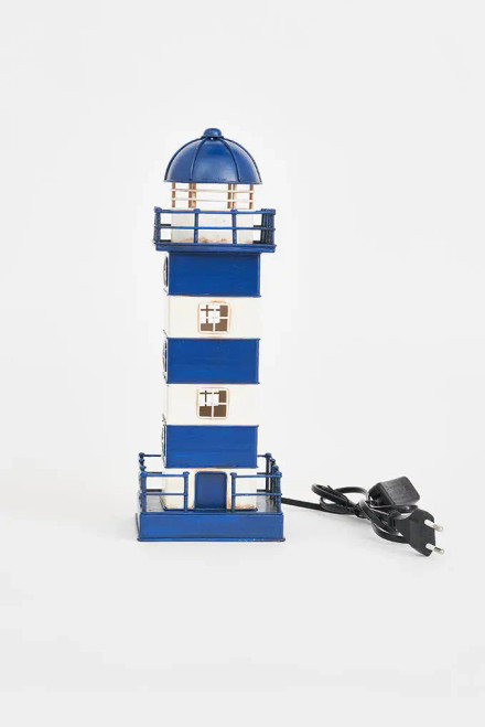 Lighthouse Blue and White - Black Base - Plug-In- Metal 23.2"