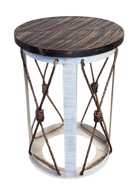 Cottage / Rough Stain Iron Cylinder End Table with Knotted Rope Accent - 25"
