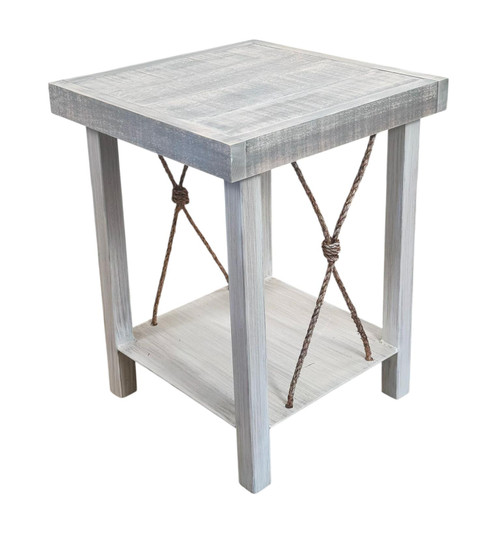 Iron End Table W / Weathered Knotted Rope Accent and Rough Sawn Top - 23"