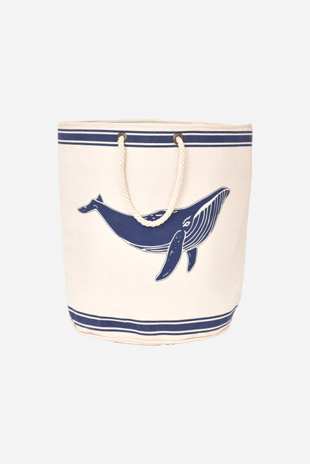 Whale Laundry Bag w/Rope Accents - Canvas - Navy - Cream - Black - 19.7"