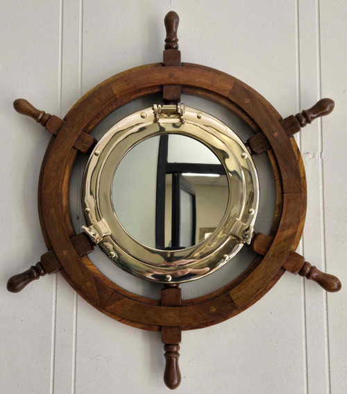  Brass Porthole Mirror in Wooden Ship Wheel - 18"