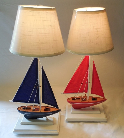 Patriotic  Sailboat Lamps Red and Blue - White Base - 24"  - Set of 2
