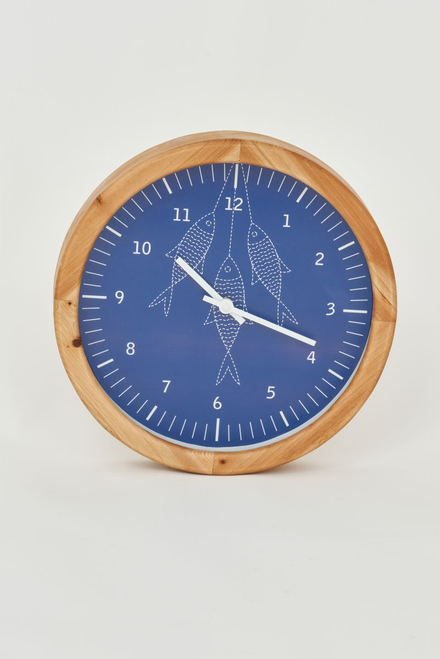 3 Fish Wooden Clock - Blue - 13.7"